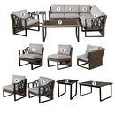 Festival Depot 8pcs Outdoor Furniture Patio Conversation Set Sectional Corner Sofa Chairs All Weather Brown Rattan Wicker Slatted Coffee Table End Table with Grey Thick Seat Back Cushions, Black