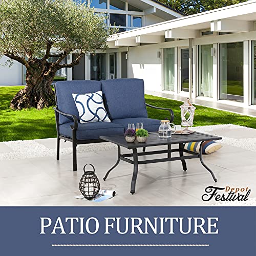 Festival Depot 2 Pieces Outdoor Furniture Patio Conversation Set Bistro Loveseat with Seat and Back Thick Cushions and Metal Coffee Table with Slatted Steel Tabletop for Backyard Porch Balcony