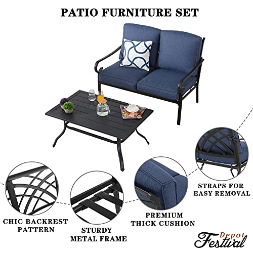 Festival Depot 2 Pieces Outdoor Furniture Patio Conversation Set Bistro Loveseat with Seat and Back Thick Cushions and Metal Coffee Table with Slatted Steel Tabletop for Backyard Porch Balcony