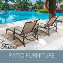 Festival Depot 3 Pcs Patio Outdoor Furniture Chaise Lounge Chair Set with Textilene Fabric and Metal Adjustable Back Curved Armrest, Glass Desktop Side Coffee Table for Porch Yard Garden