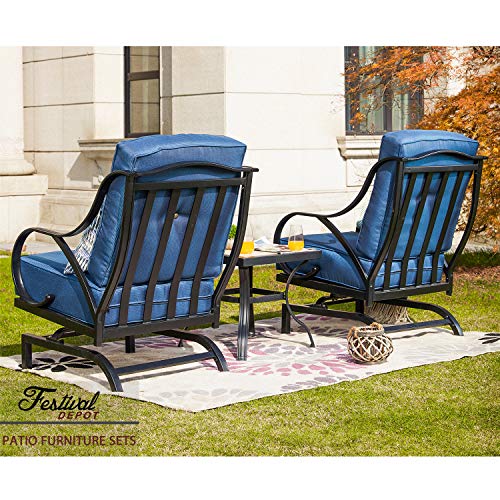 Festival Depot 3-Piece Bistro Outdoor Patio Furniture Sets Square Metal Ceramic Top Coffee Table Slatted Steel Frame Armrest Chairs with Curved Armrest with 5.9''Thick Soft Cushions Garden Porch,Blue