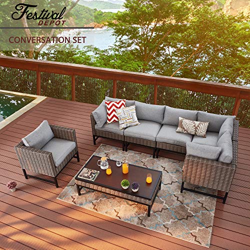 Festival Depot 7 Pieces Patio Outdoor Furniture Conversation Sets Sectional Corner Sofa, All-Weather Brown Manual Weaving Wicker Chairs with Side Coffee Table, Soft Thick Seating Couch Cushions (Grey)
