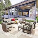 Festival Depot 10pcs Outdoor Furniture Patio Conversation Set Sectional Sofa Chairs All Weather Brown Wicker Ottoman Slatted Coffee Table with Thick Grey Seat Back Cushions, Black