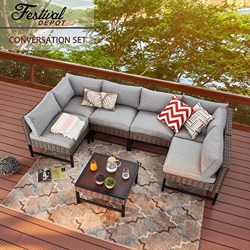Festival Depot 7 Pieces Patio Outdoor Furniture Conversation Sets Sectional Corner Sofa, Weaving Wicker Chairs with Side Coffee Table and Cushions (Grey)