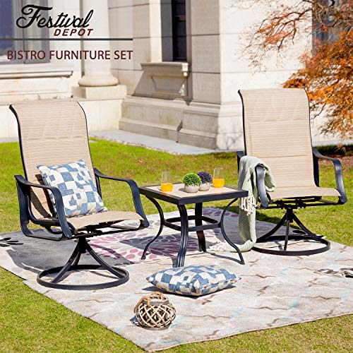 Festival Depot 3 PC Bistro Outdoor Patio Dining 360¡Swivel Chairs Set Furniture Rockers Armrest Chair Square Metal Steel Frame Coffee Table for Deck Garden Pool