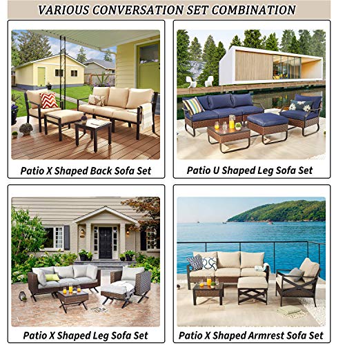 Festival Depot 6-Piece Patio Furniture Armchair Conversation Set Outdoor All-Weather Metal Chairs with Coffee Table and Ottoman for Porch Lawn Garden Balcony Pool Backyard, Soft Blue Cushions