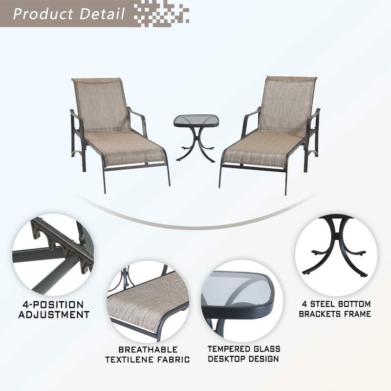 Festival Depot 3 Pcs Patio Outdoor Furniture Chaise Lounge Chair Set with Textilene Fabric and Metal Adjustable Back Curved Armrest, Glass Desktop Side Coffee Table for Porch Yard Garden