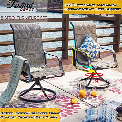 Festival Depot 3 PC Bistro Outdoor Patio Dining 360¡Swivel Chairs Set Furniture Rockers Armrest Chair Square Metal Steel Frame Coffee Table for Deck Garden Pool