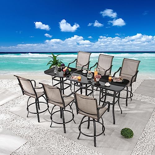 Festival Depot 9 Pcs Patio Dining Set Bar Height Stools Swivel Bistro Chairs with Armrest and Tempered Glass Top Table Metal Outdoor Furniture for Yard (Taupe)