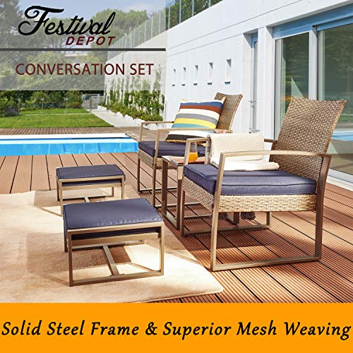 Festival Depot 5 Pieces Wicker Patio Furniture Set PE Wicker Rattan Outdoor Conversation with Cushion and Coffee Table for Deck Garden Balcony Porch (Blue)