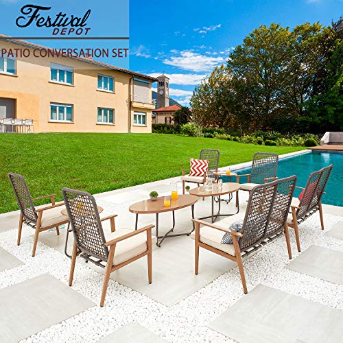 Festival Depot 10 Pieces Patio Outdoor Furniture Conversation Set with Metal Side Coffee Side Table Wooden-Color Steel Wicker Weaving Mesh Back Armchair with Cushions (Khaki)