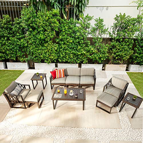 Festival Depot 10Pc Outdoor Furniture Patio Conversation Set Sectional Sofa Chairs All Weather Wicker Ottoman Metal Frame Square Slatted Coffee Table with Thick Grey Seat Back Cushions Without Pillows