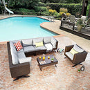 Festival Depot 8pcs Outdoor Furniture Patio Conversation Set Sectional Corner Sofa Chairs with X Shaped Metal Leg All Weather Brown Rattan Wicker Rectangle Coffee Table with Grey Seat Back Cushions