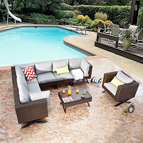 Festival Depot 8pcs Outdoor Furniture Patio Conversation Set Sectional Corner Sofa Chairs with X Shaped Metal Leg All Weather Brown Rattan Wicker Rectangle Coffee Table with Grey Seat Back Cushions