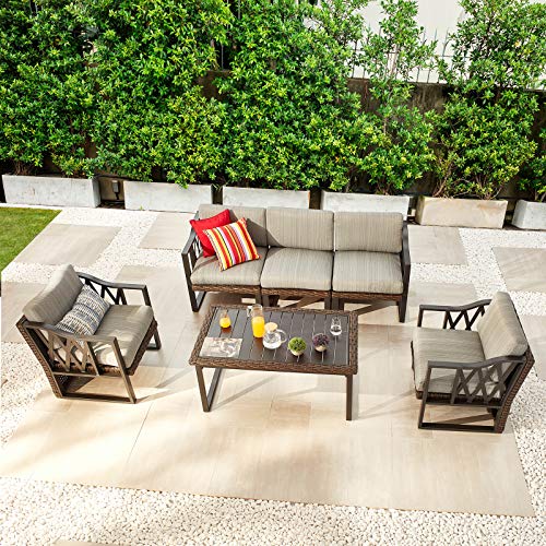Festival Depot 6pcs Outdoor Furniture Patio Conversation Set Sectional Sofa Chairs All Weather Brown Rattan Wicker Slatted Coffee Table with Grey Thick Seat Back Cushions, Black
