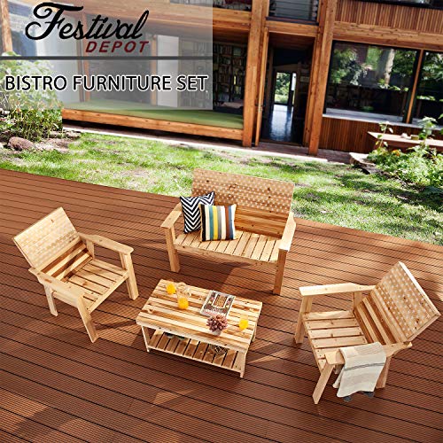 Festival Depot 4 Pieces Patio Furniture Outdoor Conversation Set Wood Armrest Loveseat Lounge Chair Stars and Strips Printing Dining Coffee Side Table