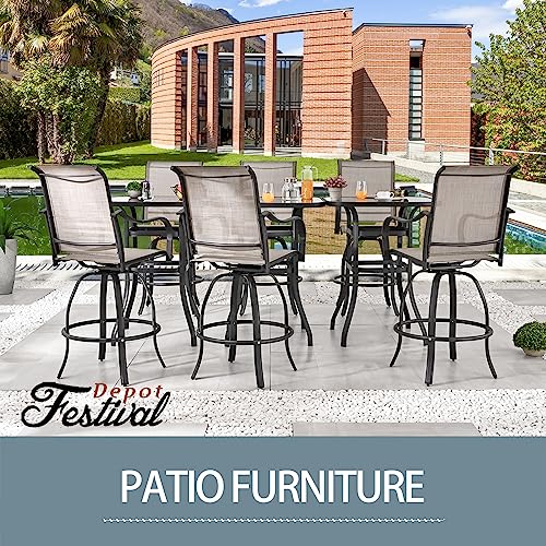 Festival Depot 9 Pcs Patio Dining Set Bar Height Stools Swivel Bistro Chairs with Armrest and Tempered Glass Top Table Metal Outdoor Furniture for Yard (Taupe)