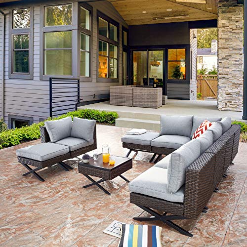 Festival Depot 9pcs Outdoor Furniture Patio Conversation Set Sectional Corner Sofa Chairs with X Shaped Metal Leg All Weather Brown Rattan Wicker Ottoman Side Coffee Table with Grey Seat Back Cushions