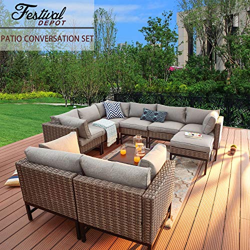 Festival Depot 10 Pieces Patio Conversation Set Outdoor Furniture Combination Sectional Corner Sofa Set All-Weather Woven Wicker Metal Chairs with Seating Back Cushions Side Coffee Table Ottoman, Gray