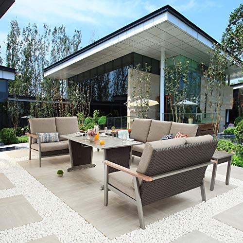 Festival Depot 6pcs Patio Conversation Set Metal Armchair Wicker 3-Seater Sofa All Weather Rattan Loveseat with Grey Thick Cushions Dining and Side Table Outdoor Furniture for Deck Poolside