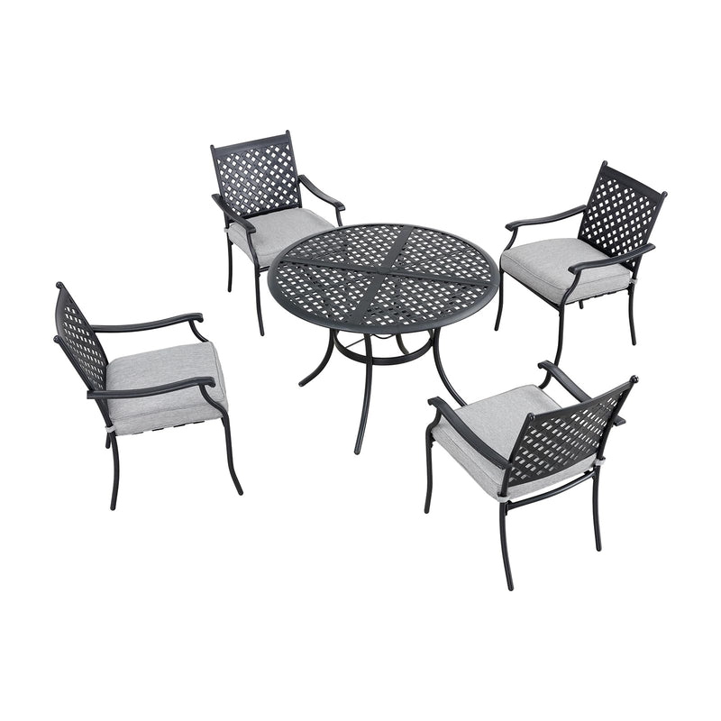 Festival Depot 5 Piece Patio Dining Set Metal Chairs with Seat Cushions and Round Iron Table with Umbrella Hole All Weather Outdoor Furniture for Bistro Deck Garden