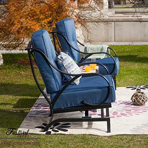 Festival Depot 3-Piece Bistro Outdoor Patio Furniture Sets Square Metal Ceramic Top Coffee Table Slatted Steel Frame Armrest Chairs with Curved Armrest with 5.9''Thick Soft Cushions Garden Porch,Blue