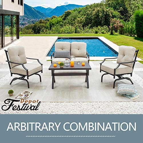 Festival Depot 3-Piece Outdoor Patio Armrest Chairs Set Garden Bistro Square Metal Table and Seating Set with Thick Cushions