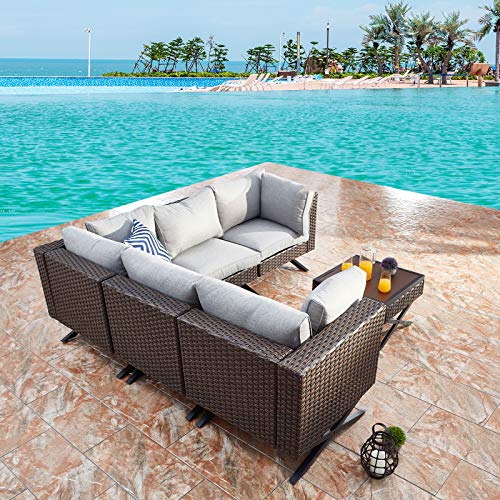 Festival Depot 6pcs Outdoor Furniture Patio Conversation Set Sectional Corner Sofa Chairs with X Shaped Metal Leg All Weather Brown Rattan Wicker Side Coffee Table with Grey Thick Seat Back Cushions