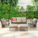 Festival Depot 9pcs Outdoor Furniture Patio Conversation Set Sectional Sofa Chairs All Weather Brown Wicker Ottoman Slatted Coffee Table End Table with Thick Grey Seat Back Cushions, Black