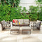 Festival Depot 9pcs Outdoor Furniture Patio Conversation Set Sectional Sofa Chairs All Weather Brown Wicker Ottoman Slatted Coffee Table End Table with Thick Grey Seat Back Cushions, Black