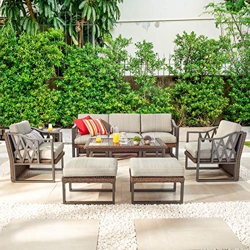 Festival Depot 9pcs Outdoor Furniture Patio Conversation Set Sectional Sofa Chairs All Weather Brown Wicker Ottoman Slatted Coffee Table End Table with Thick Grey Seat Back Cushions, Black