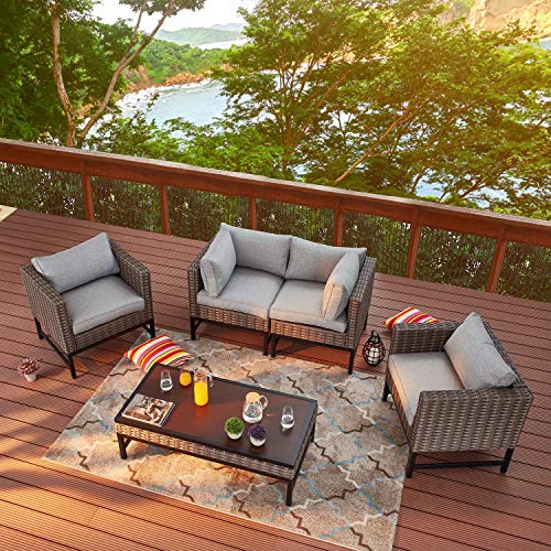 Festival Depot 5 Pieces Patio Outdoor Conversation Set Wicker Sofa Chairs with Seating Back Cushions Metal Side Coffee Table Garden (Gray)