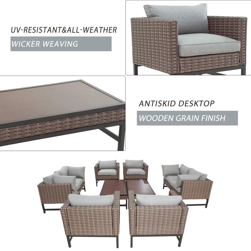 Festival Depot 10 Pieces Outdoor Furniture Patio Conversation Set Combination Sectional Sofa Loveseat All-Weather Woven Wicker Metal Armchairs with Seating Back Cushions Side Coffee Table Ottoman,Gray