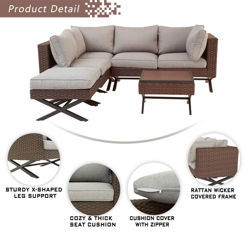 Festival Depot 6pcs Outdoor Furniture Patio Conversation Set Sectional Corner Sofa Chairs with X Shaped Metal Leg All Weather Brown Rattan Wicker Ottoman Side Coffee Table with Grey Seat Back Cushions