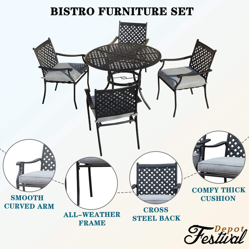 Festival Depot 5 Piece Patio Dining Set Metal Chairs with Seat Cushions and Round Iron Table with Umbrella Hole All Weather Outdoor Furniture for Bistro Deck Garden