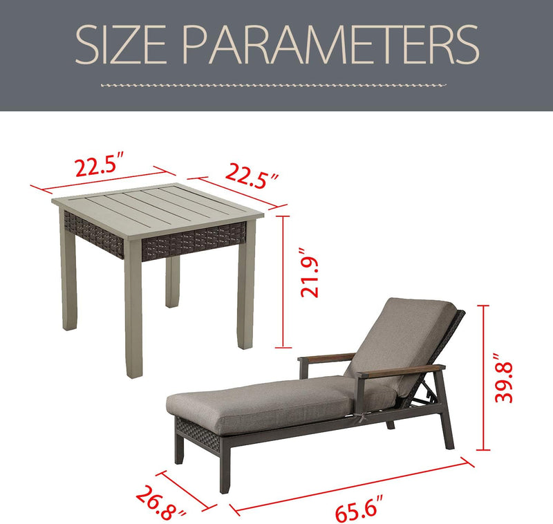 3 Piece Luxury Patio Chaise Lounge Set with Adjustable Wicker Reclining Chairs, Removable Cushions and Side Table