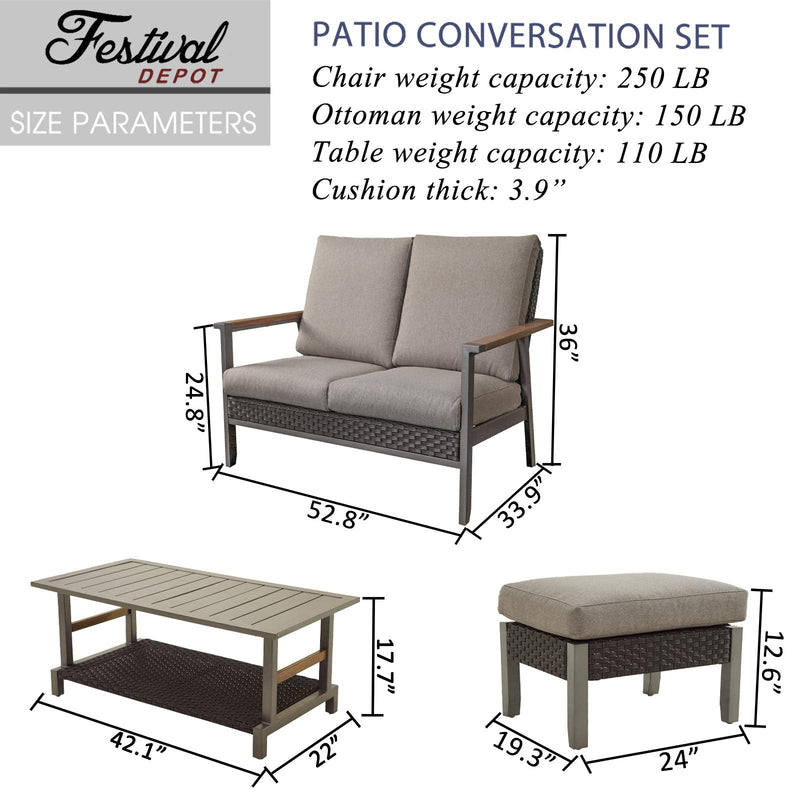Festival Depot 4pcs Patio Conversation Set Wicker Chair All Weather Rattan Loveseat with Grey Thick Cushions Ottoman and Coffee Table in Metal Frame Outdoor Furniture for Deck Poolside