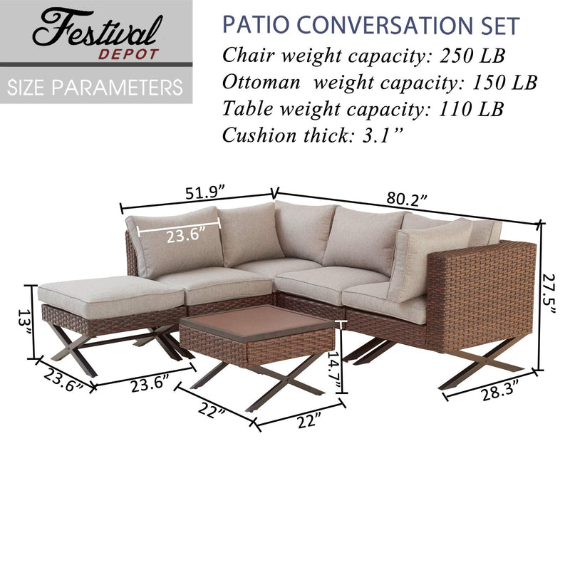 Festival Depot 6pcs Outdoor Furniture Patio Conversation Set Sectional Corner Sofa Chairs with X Shaped Metal Leg All Weather Brown Rattan Wicker Ottoman Side Coffee Table with Grey Seat Back Cushions