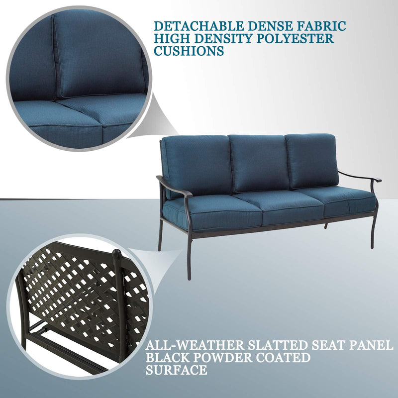 Festival Depot 6Pcs Outdoor Furniture Patio Conversation Set All Weather Black Metal Armchairs Loveseat with Seat and Back Cushions, 3-Seating Chair, Rectangle Coffee Table for Deck Lawn Garden