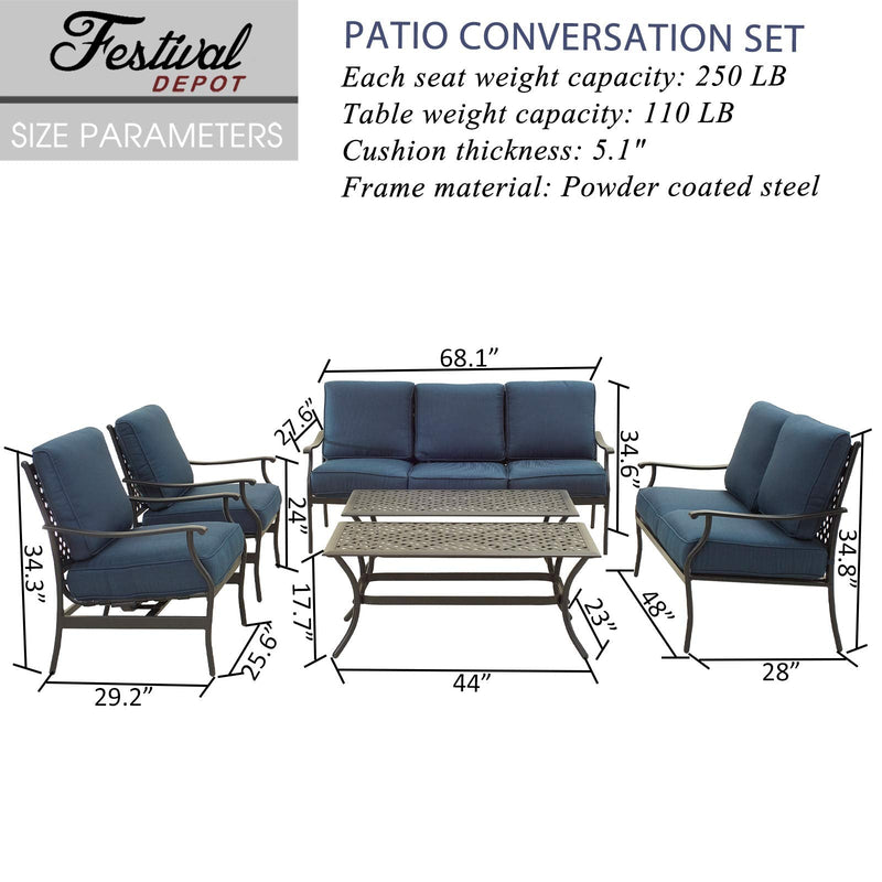 Festival Depot 6Pcs Outdoor Furniture Patio Conversation Set All Weather Black Metal Armchairs Loveseat with Seat and Back Cushions, 3-Seating Chair, Rectangle Coffee Table for Deck Lawn Garden