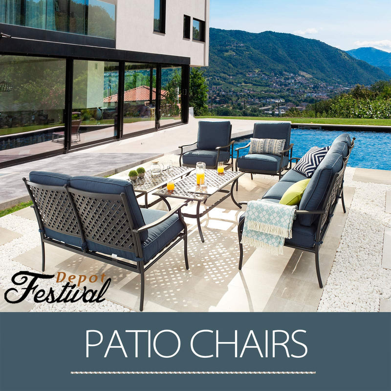 Festival Depot 6Pcs Outdoor Furniture Patio Conversation Set All Weather Black Metal Armchairs Loveseat with Seat and Back Cushions, 3-Seating Chair, Rectangle Coffee Table for Deck Lawn Garden