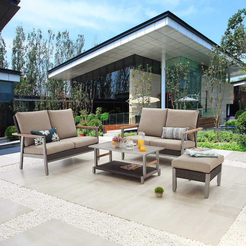 Festival Depot 4pcs Patio Conversation Set Wicker Chair All Weather Rattan Loveseat with Grey Thick Cushions Ottoman and Coffee Table in Metal Frame Outdoor Furniture for Deck Poolside