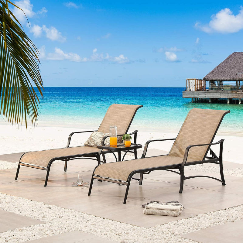 Festival Depot 3 Pcs Patio Outdoor Furniture Chaise Lounge Chair Set with Textilene Fabric and Metal Adjustable Back Curved Armrest, Glass Desktop Side Coffee Table for Porch Yard Garden