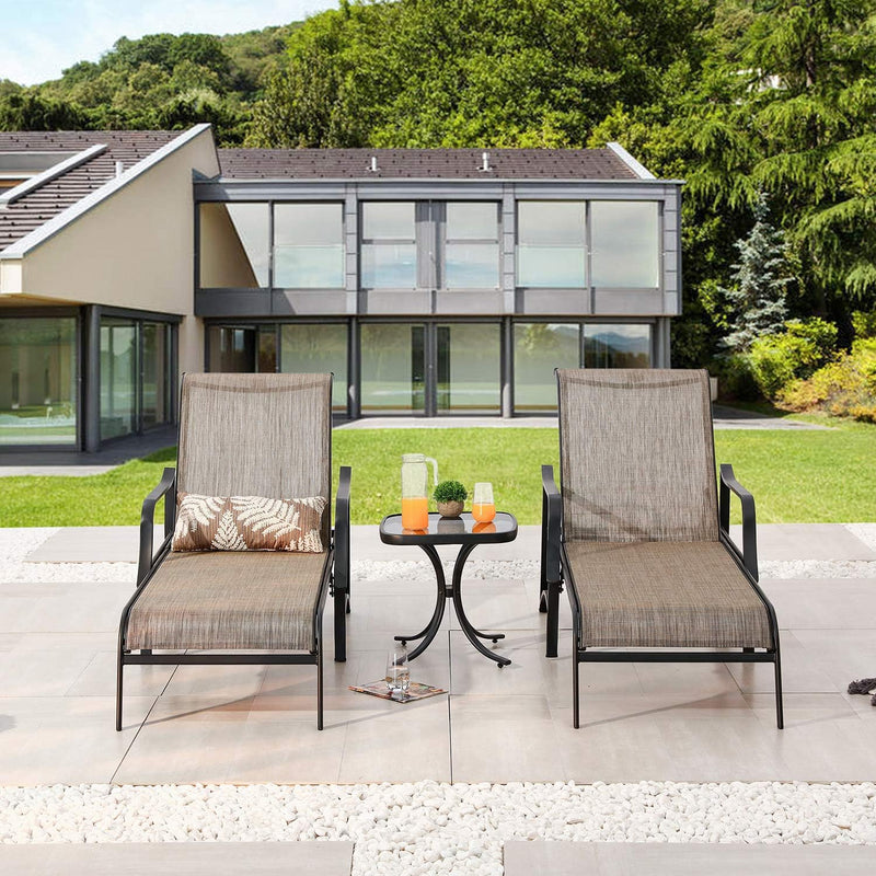Festival Depot 3 Pcs Patio Outdoor Furniture Chaise Lounge Chair Set with Textilene Fabric and Metal Adjustable Back Curved Armrest, Glass Desktop Side Coffee Table for Porch Yard Garden