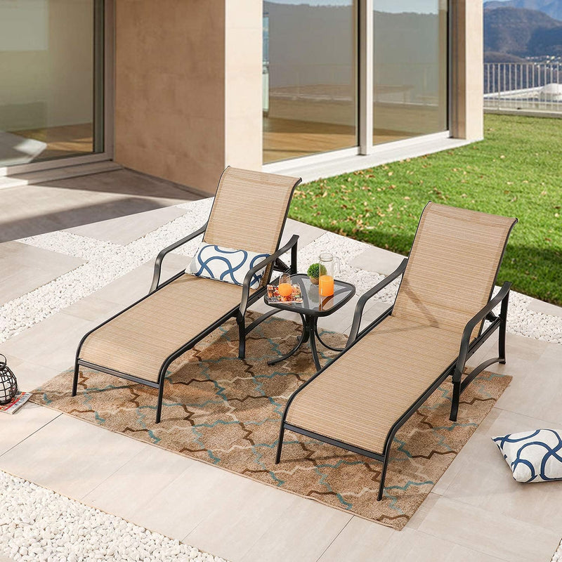 Festival Depot 3 Pcs Patio Outdoor Furniture Chaise Lounge Chair Set with Textilene Fabric and Metal Adjustable Back Curved Armrest, Glass Desktop Side Coffee Table for Porch Yard Garden