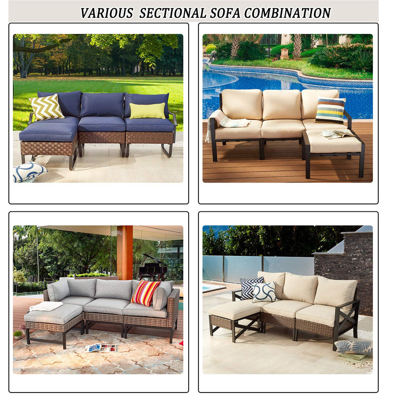 Festival Depot 4-Piece Patio Conversation Set Sectional Corner Sofa Combination X-Shaped Legs Outdoor All-Weather Wicker Metal Armless Chairs for Porch Lawn Garden Balcony Pool Backyard, Brown