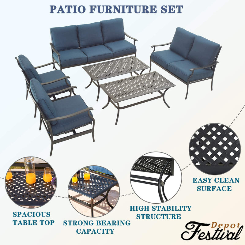 Festival Depot 6Pcs Outdoor Furniture Patio Conversation Set All Weather Black Metal Armchairs Loveseat with Seat and Back Cushions, 3-Seating Chair, Rectangle Coffee Table for Deck Lawn Garden