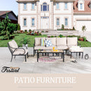 Festival Depot 7pcs Patio Conversation Set Sectional Metal Chairs Couch Sofa with Thick Cushions Ottoman and Coffee Table All Weather Outdoor Furniture for Garden Backyard Balcony, Beige
