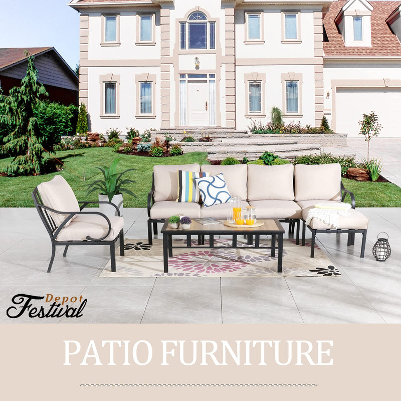 Festival Depot 7pcs Patio Conversation Set Sectional Metal Chairs Couch Sofa with Thick Cushions Ottoman and Coffee Table All Weather Outdoor Furniture for Garden Backyard Balcony, Beige