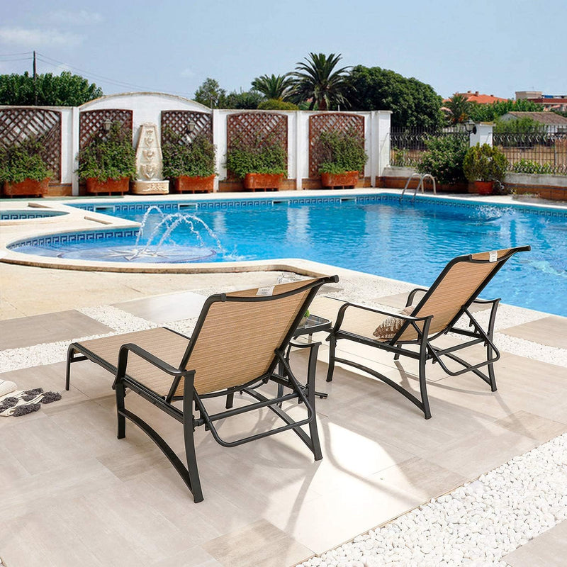 Festival Depot 3 Pcs Patio Outdoor Furniture Chaise Lounge Chair Set with Textilene Fabric and Metal Adjustable Back Curved Armrest, Glass Desktop Side Coffee Table for Porch Yard Garden